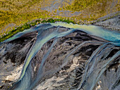 Aerial view of abstract patterns in the Markarfljot River bed, Hvolsvollur, Iceland.