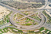 Aerial view of road with geometrical pattern in Dubai, Unites Arab Emirates.