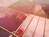 Aerial view of Hutt Lagoon pink salt bed lake in Yallabatharra, Australia.