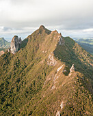 Aerial view of Le Chat y La Souris mountain or Mount Villars, in the Bambous Range near Grand Sable, Flacq, Mauritius.