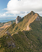 Aerial view of Le Chat y La Souris mountain or Mount Villars, in the Bambous Range near Grand Sable, Flacq, Mauritius.