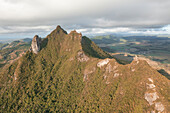 Aerial view of Le Chat y La Souris mountain or Mount Villars, in the Bambous Range near Grand Sable, Flacq, Mauritius.