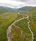 Aerial view of a river streaming from the glacier, Broad Bay, Unalaska, Alaska, United States.
