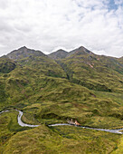 Aerial view of a mountain valley in Unalaska, Alaska, United States.