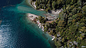 Aerial view of boats at the shore in lake Nahuel Huapi, Bariloche, Patagonia, Argentina.