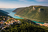 Aerial view of Plomin old town and a canal leading to the Adriatic Sea in Istria, Croatia.
