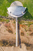 Aerial view of outdoor amphitheater near a village, Estonia.