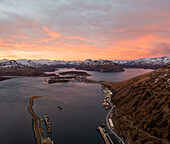 Aerial view of Dutch Harbour at sunset on Amaknak Island in Unalaska Bay, Alaska, United States.