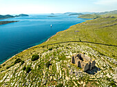 Aerial view of transparent blue sea over Kornati islands, Murter-Kornati, Croatia.