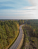 Aerial view of curve asphalt road beethen forest, Estonia.