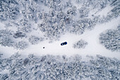 Aerial view of a car driving in the snowy Estonian forest.