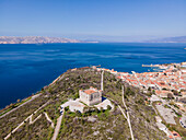 Aerial view of the picturesque coastal town of Senj with a historic fortress overlooking the serene Adriatic Sea, Lika-Senj, Croatia.