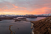 Aerial view of Dutch Harbour at sunset on Amaknak Island in Unalaska Bay, Alaska, United States.