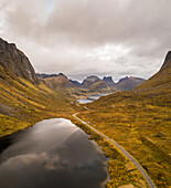 Aerial view of clouds reflection in lakes in Norway.