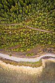 Aerial view of an empty road surrounded by nordic forest and coast of Island Vormsi, Estonia.
