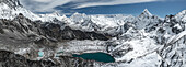 Aerial view of Kongma la pass, Makalu, Baruntse, Ama Dablam, Surkhang, Gandaki, Nepal, Himalayas.