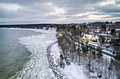 Aerial view of frozen sea in Tallinn bay coast Estonia.