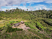 Aerial view of lush jungle hut in Sakaleona National Park, Ambositra, Madagascar.