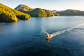 Aerial view of a commercial fishing boat in the Inner Passage between Sitka and Juneau, Tongass National Forest, Sitka, Alaska, USA