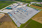 Aerial view of a huge parking lot with trucks in Wilmington near Chicago, Illinois, United States of America.
