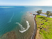Aerial view of a kitesurfer at Papara, Tahiti, French Polynesia