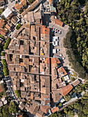 Aerial view of historic medieval town Sirolo, Riviera del Conero, Italy.