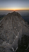 Aerial view of snowy Gran Sasso Mountain in Campo Imperatore, Teramo, Italy.