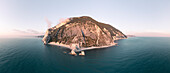 Aerial view of Riviera del Conero, view of the Due Sorelle rock formation along the coastline, Sirolo, Marche, Italy.