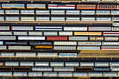 Aerial view of rail cars waiting at a staging railyard station in Aurora, IL - USA
