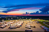 Wilmington, IL - 15 November 2020: Aerial view of a huge parking lot with trucks in Wilmington near Chicago, Illinois, United States of America.