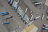 Aerial view of a huge parking lot with trucks in Wilmington near Chicago, Illinois, United States of America.