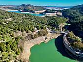 Luftaufnahme des Staudamms "Desfiladero de los Gaitanes", "Ardales". Málaga, Spanien.