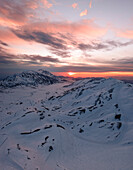 Aerial view of snow-capped Gran Sasso Mountain in winter, Campo Imperatore, L'Aquila, Italy.