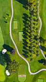Aerial view of a golf course fairway and sand traps in autumn creating an abstract looking perspective at Arrowhead Golf Course in Wheaton, IL - USA