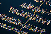 Aerial view of fishing boats in Thomsen Harbor, Sitka, Baranof Island, Alexander Archipelago, Southeast Alaska, USA
