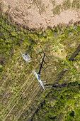 Aerial view of a high voltage electricity power lines and network in Aurora, IL, United States