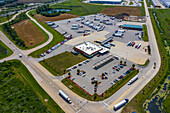 Aerial view of a huge parking lot with trucks in Wilmington near Chicago, Illinois, United States of America.