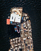 Luftaufnahme einer schwimmenden Struktur für Fischereikulturen in der Lagoa de Albufeira, einem See im Stadtbezirk Sesimbra, Setubal, Portugal