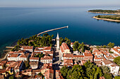 Aerial view of Novigrad old town facing Adriatic Sea in Istria, Croatia.