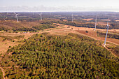 Aerial view of a wind turbines in the countryside near Monte Rubio in Faro district, Alentejo region, Portugal.
