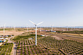 Aerial view of many wind turbines in a wind farm in countryside, La Muela, Zaragoza, Spain.