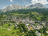Aerial view of Cortina d'Ampezzo, a small town famous for winter holidays in Belluno province, Dolomites area, Veneto, Italy.