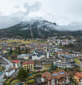 Aerial view of Molveno lake with beautiful dolomites in background, Molveno, Trentino, Italy.