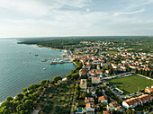 Aerial view of Fazana, a small town with a small harbour along the Adriatic Sea coastline, Istria, Croatia.