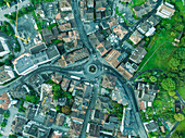 Aerial view of a roundabout in Kussnacht am Rigi, a small town along the Lake Lucerne at sunset, Schwyz, Switzerland.