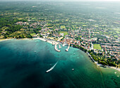 Aerial view of Fazana, a small town with a small harbour along the Adriatic Sea coastline, Istria, Croatia.