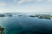 Aerial view of Brijuni National Park, a group of islands along the Adriatic Sea coastline at sunset near Pula, Istria, Croatia.