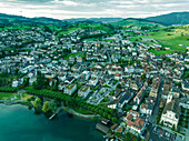 Aerial view of Kussnacht am Rigi, a small town along the Lake Lucerne at sunset, Schwyz, Switzerland.