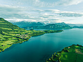 Aerial view of Lake Lucerne at sunset, from Kussnacht am Rigi with Burgenstock mountain peak in background, Schwyz, Switzerland.