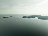 Aerial view of Brijuni National Park, a group of islands along the Adriatic Sea coastline at sunset near Pula, Istria, Croatia.